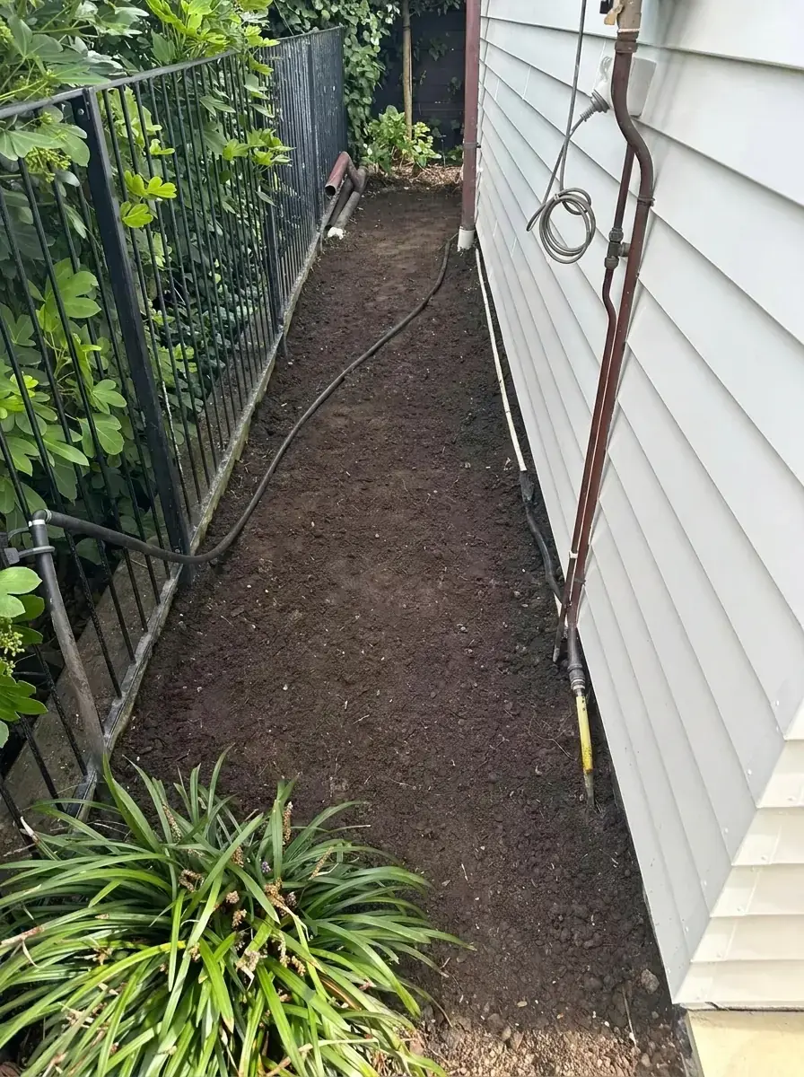 Side passage with old hedge stumps ground out along the fence line
